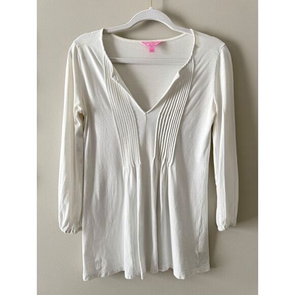 Lilly Pulitzer Tunic Top Pleated VNeck Long Sleeve White Size Extra Small Cotton - Picture 1 of 7